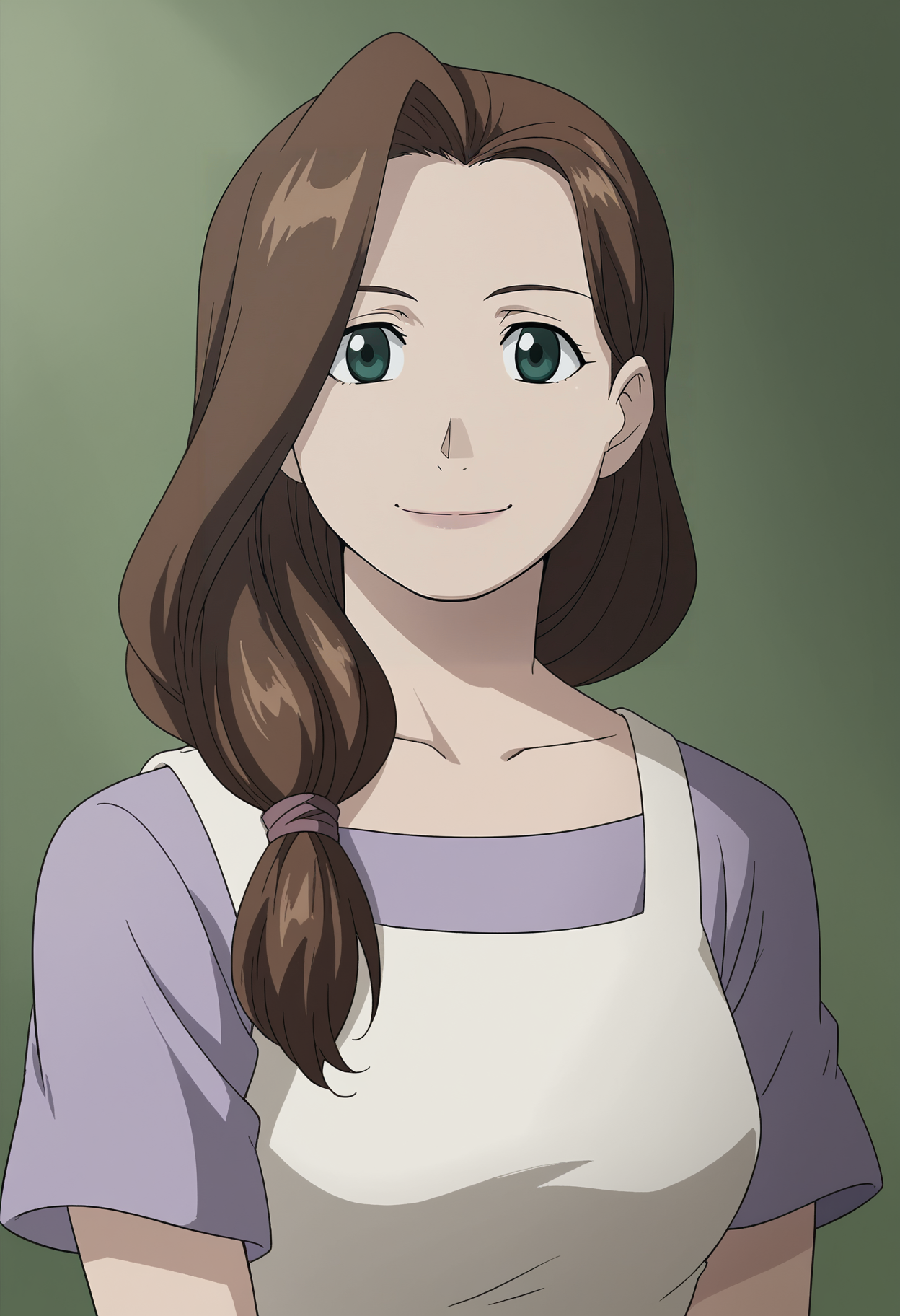 <lora:Trisha_Elric-Fullmetal_Alchemist:0.85>,Trisha,mature female,1girl,solo,brown hair,green eyes,long hair,hair over shoulder,dress,upper body,looking at viewer,smile