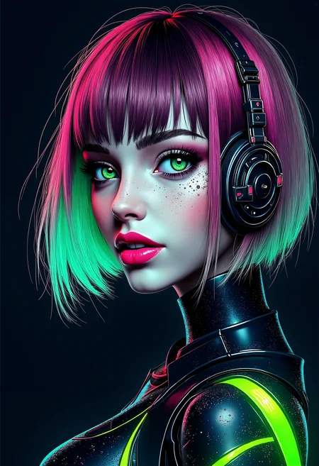 bo-digitalabstract, a lettering text: "Digital Abstract,", a highly detailed digital illustration featuring a young woman with a striking, futuristic aesthetic, she has a pale complexion and striking, vivid green eyes that stand out against her dark background, her lips are full and painted a glossy pink, adding a sense of realism to her appearance, her hair is a short, bob-cut style with bangs that frame her face, and it is dyed in a gradient of neon pink and green hues, giving it a neon-like quality, her makeup is bold and dramatic, with thick, black eyeliner and mascara accentuating her eyes, she wears a futuristic, high-tech outfit that includes a metallic collar and a sleek, black bodysuit with neon green and blue accents, suggesting cyberpunk or sci-fi elements, the texture of her skin is smooth and glossy, enhancing the futuristic feel of her attire, the overall color palette is dominated by cool tones, with the neon green adding a pop of color and contrast to her pale skin, the illustration is highly polished, with a high level of detail and realism, typical of high-end digital art<lora:Flux\boFLUX Digital Abstract.safetensors:0.8:0.8>