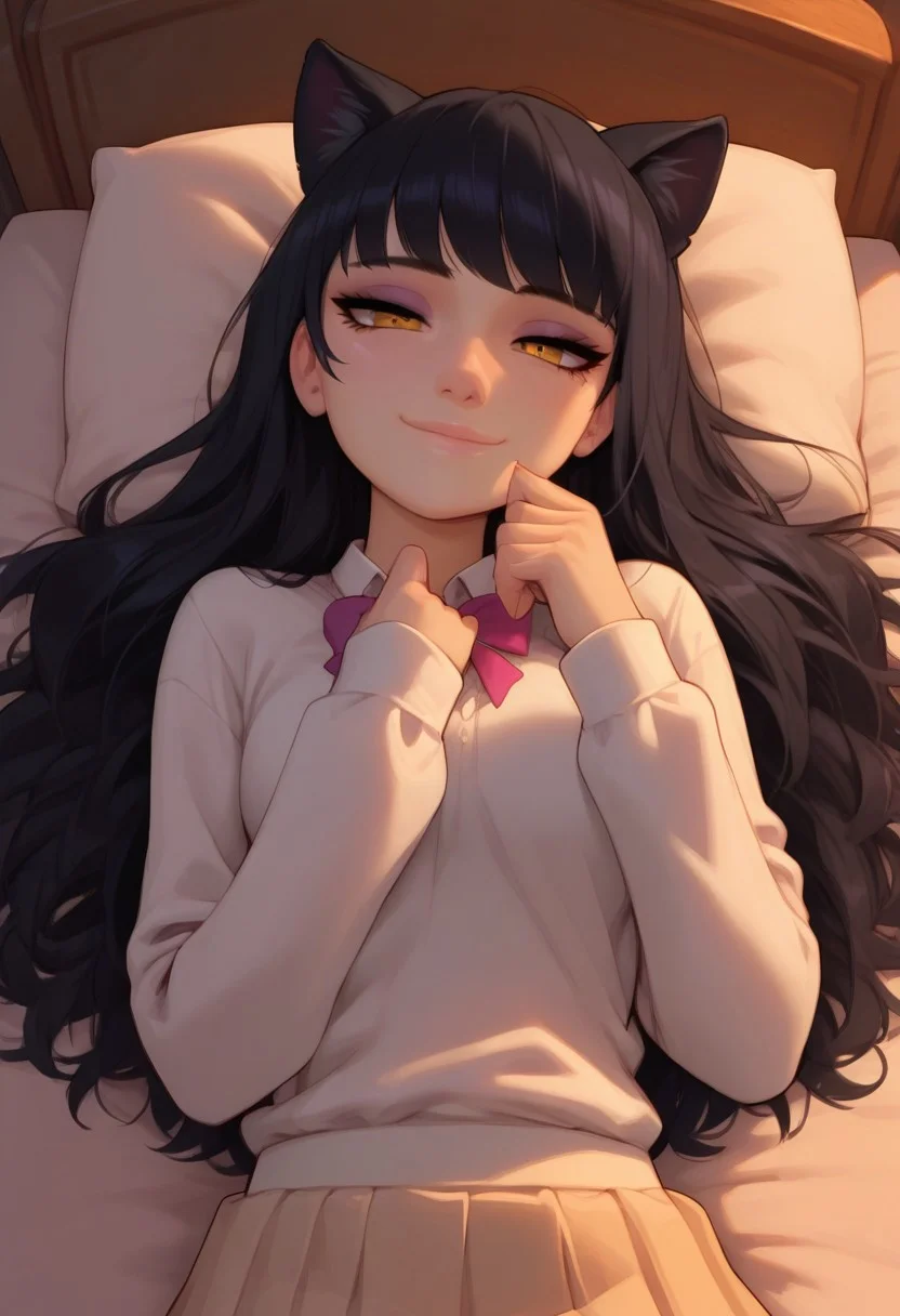 masterpiece,best quality, highly detailed, score_9, score_8_up, score_7_up, score_6_up,source_anime,
BREAK, 1girl, Blake Belladonna, cat ears, voluminous black hair, very slim, school uniform, hair down, long hair, loose hair, casual, cozy, cute, no makeup, night, relaxed, bedroom, sat in bed, night, ((sleepy smile)), white shirt