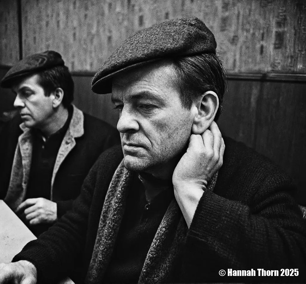 A black and white photo shoot from a profile camera angle about a man with a serious expression sitting at a table in a dimly lit room, wearing a flat cap and a knitted sweater. the man in the foreground, who appears to be in his late 60s, is sitting with his chin resting on his hand, looking off to the side with a contemplative expression. he has short, dark hair and a mustache, and is wearing a black sweater and a scarf around his neck. in the background, another man, who is slightly blurred, is also sitting at the table, slightly out of focus, adding to the sense of depth and perspective. the overall mood of the image is somber and contemplative.<lora:_Flux\Anders_Petersen.safetensors:1.0:1.0>