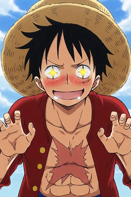 <lora:LUFFY_pony_XL:0.6>, Luffy, red jacket, scar on chest, straw hat, black hair, 1boy, solo, alone, <lora:pervert_face_and_pose_illustriousXL-000009:0.8>, + +, glowing eyes, claw pose, mouth drool, blush,masterpiece, highres