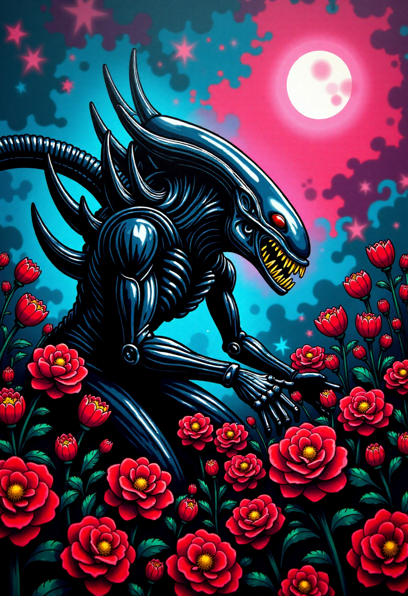 <lora:Graffiti_Characters2_FLUX-000011 (1):0.9>
This is a vibrant, stylized digital drawing set against a dramatic, abstract background, of a  black Xenomorph picking flowers in a garden