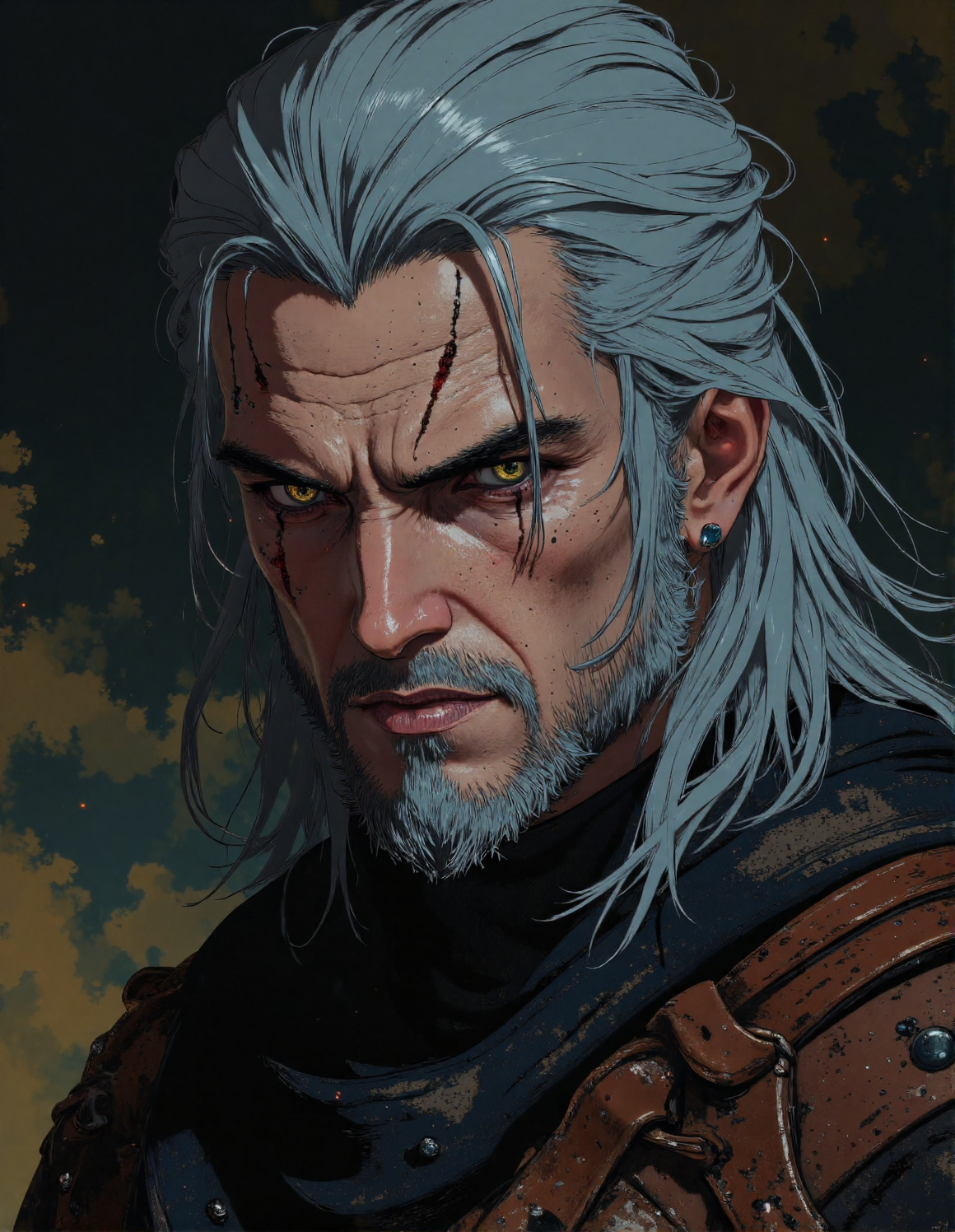 Intense gaze of a Witcher: Extreme close-up on the face of Geralt of Rivia, focusing on his piercing yellow eyes, a deep furrow between his brows, silver hair framing his face, subtle scars visible, dark and gritty atmosphere, high contrast lighting emphasizing his determined expression, hint of chainmail visible at the edges of the frame, dark and moody background, hyperrealistic rendering, cinematic lighting, ppg3r4lt, <lora:ìë¬µí:0.8>, <lora:NeonFantasyPrimeFLUX:0.7>, <lora:Geralt_of_Rivia_-_The_Witcher_3:0.4>