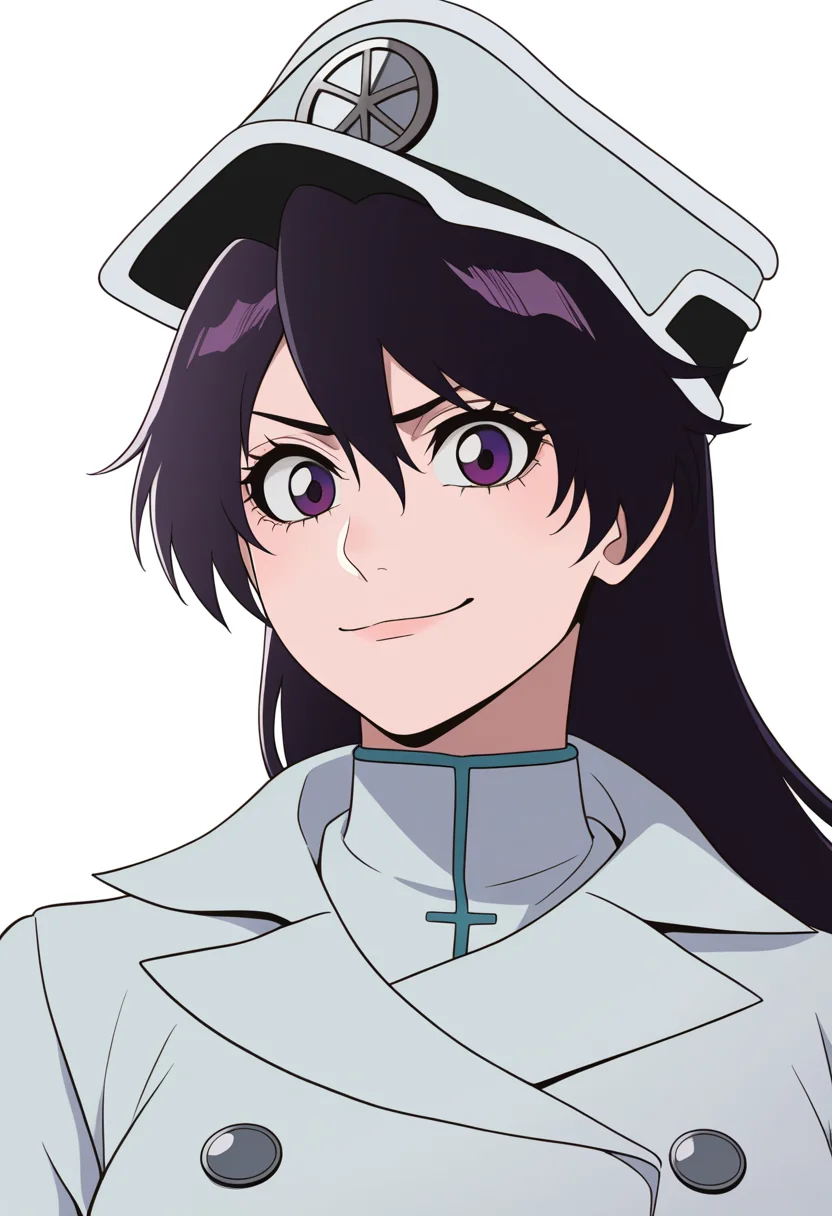 best quality, amazing quality, very aesthetic, absurdres,
BREAK
1girl, bambietta, black hair, long hair, purple eyes,
trench coat, peaked cap, uniform, double-breasted,
upper body
smile, solo, looking at viewer, simple background, white background,   <lora:BambiettaBasterbineNoobXL_byKonan:1>