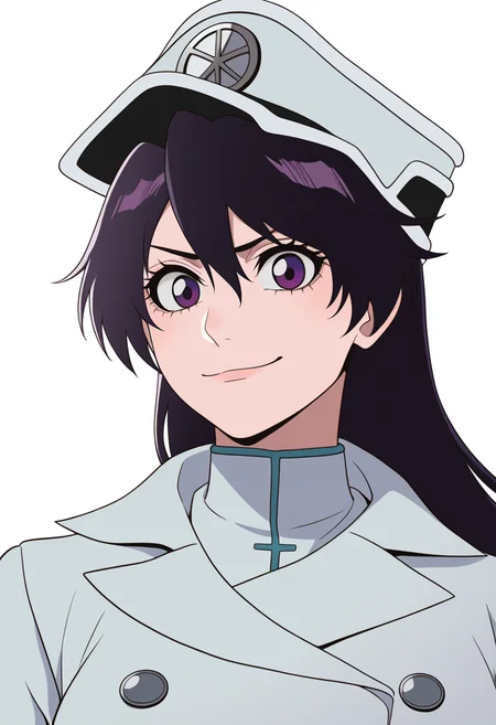 best quality, amazing quality, very aesthetic, absurdres,
BREAK
1girl, bambietta, black hair, long hair, purple eyes,
trench coat, peaked cap, uniform, double-breasted,
upper body
smile, solo, looking at viewer, simple background, white background, <lora:BambiettaBasterbineNoobXL_byKonan:1>