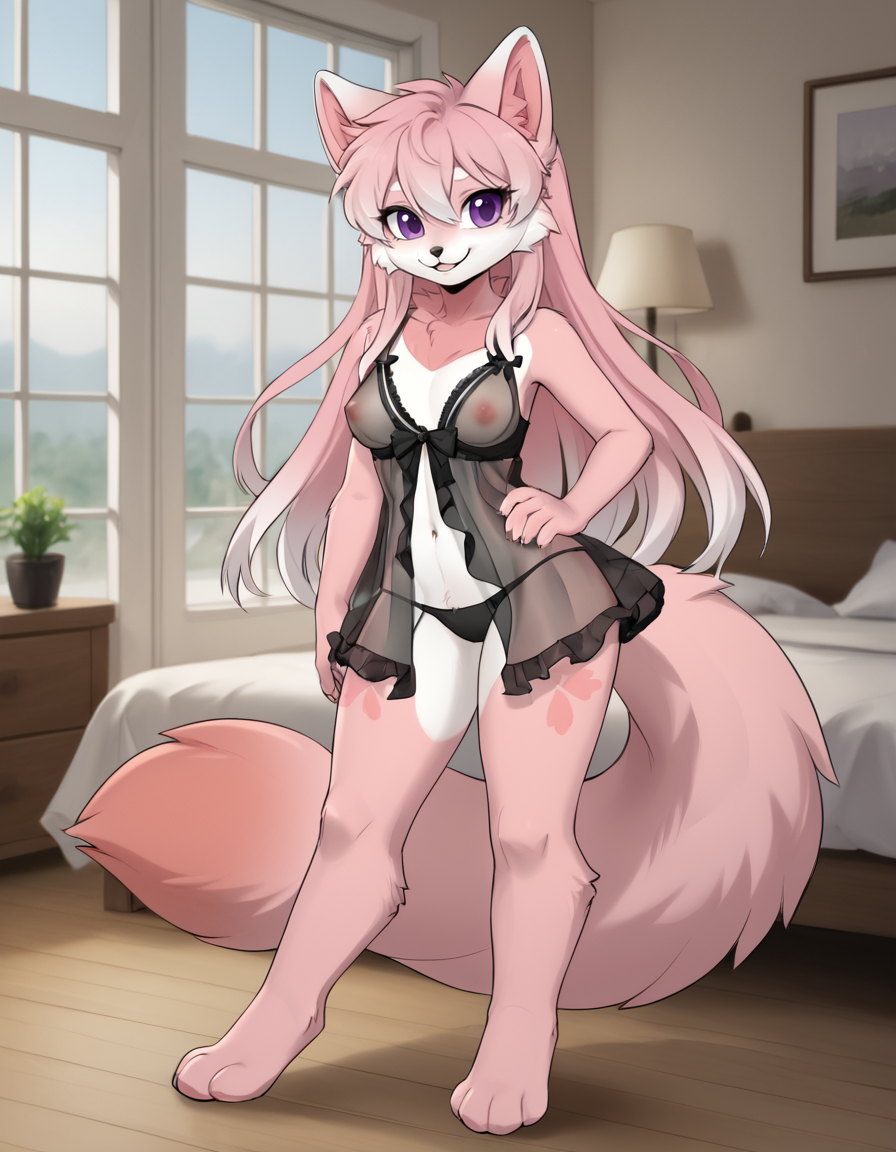 indoors,bedroom,
full body,smile,long eyelashes,parted lips,
see-through frilled negligee, covered nipples, black thong bikini, 
<lora:Nana_v01_PDXL:1>,Nana,1girl,solo,furry female,animal ears,purple eyes,tail,long hair,pink hair,white hair multicolored hair,body fur,pink fur,two-tone fur,white fur,animal nose,animal ear fluff,