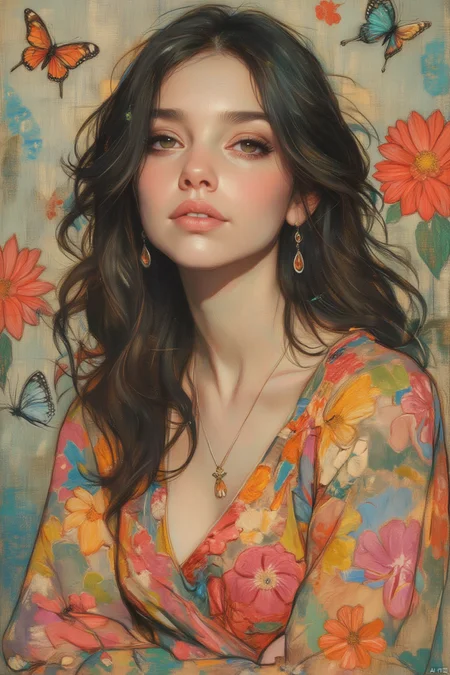 OBxiaoxiang,
A vibrant portrait of a woman, her expression radiating a playful curiosity. Her eyes sparkle with a captivating energy, and her lips curve into a gentle smile. She wears a colorful, flowing dress, filled with vibrant hues that complement her complexion. The background features a whimsical pattern of flowers and butterflies, adding a touch of lively fantasy to the image.