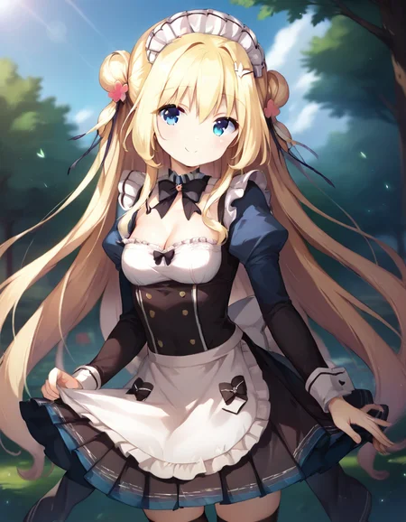 score_9,score_8_up,score_7_up,score_6_up BREAK official art,solo,outdoors,smile,cowboy shot,looking at viewer,facing viewer,Komari Yui,maid headdress,blonde hair,very long hair,double bun,hair flower,hair ornament,frills,sidelocks,bangs,blue eyes,maid,black bow,puffy detached sleeves,long sleeves,cleavage,small breasts,skirt,zettai ryouiki,black thighhighs,loafers,<lora:Komari Yui(ksak)-Pony:1.2>,<lora:Smooth Anime Style LoRA XL:0.8>,