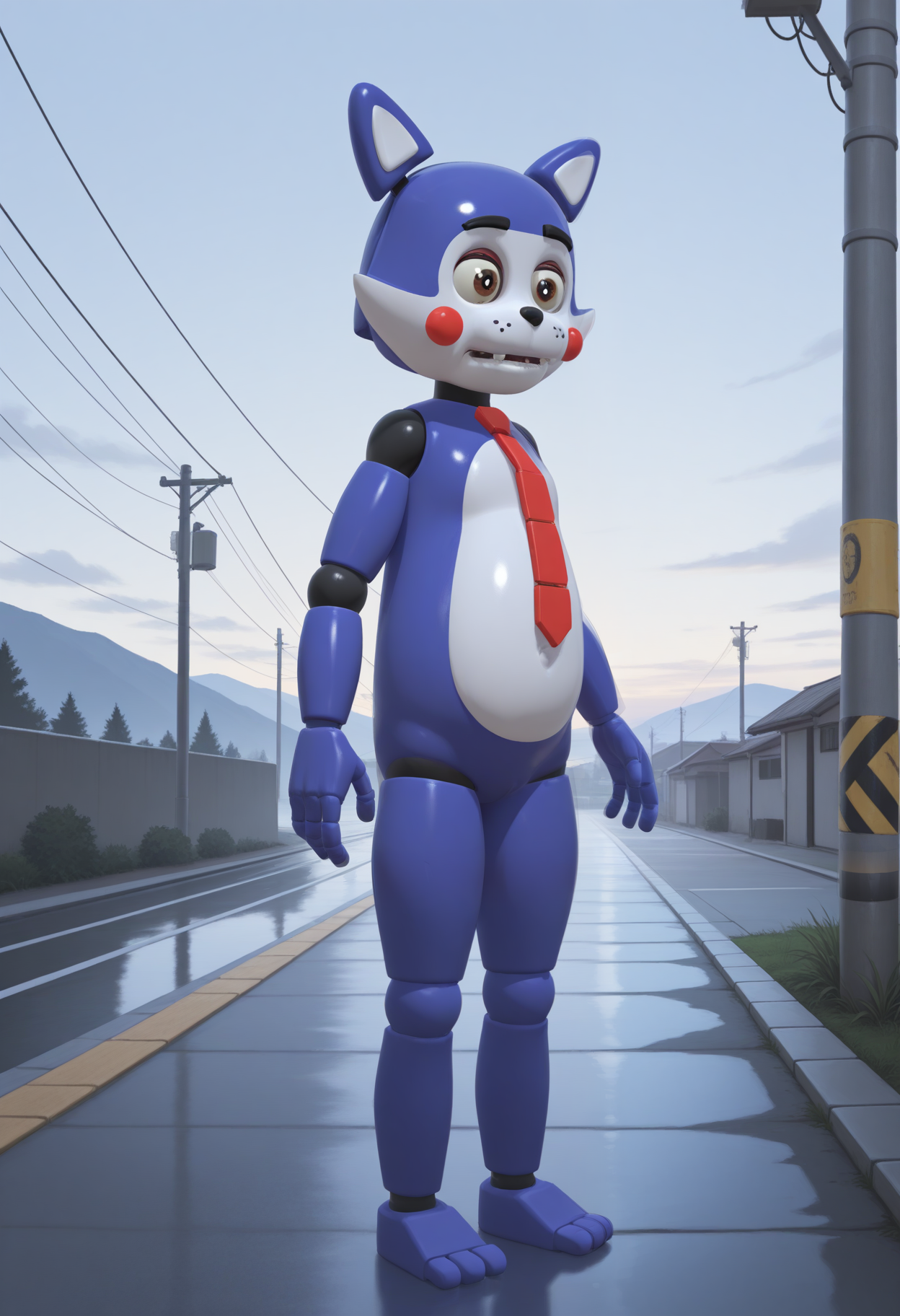 masterpiece,best quality,amazing quality, 1boy, solo, c4ndy, robot cat, red necktie, purple skin, brown eyes, full body, outside,