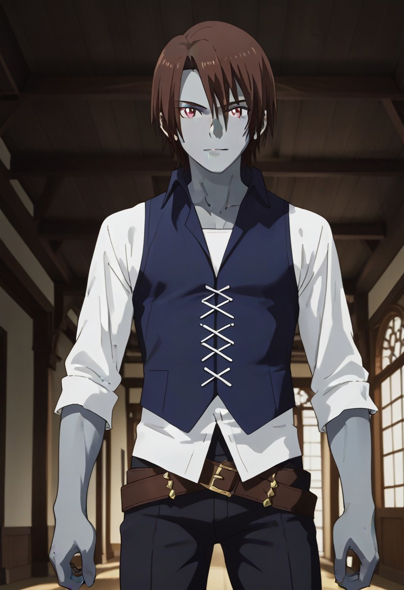 ((masterpiece)), ((best quality)), ((ultra-detailed)), score_9_up, score_8_up, score_7_up, HD, top quality, best quality, High-quality illustrations, anime screencap, source_anime, perfect anatomy, 1boy, 1male, male anime character, anime boy, solo male, male focus, handsome, attractive, cute, sexy, ((lean body, fit body, athletic body)), long legs, tall legs, ((tall, tall body, tall height)), looking at viewer, looking at front, front shot, front view,Rou,brown hair,red eyes,gray skin, blue vest, white long sleeve shirt, exposed forearms, double belts, black pants, barefoot, full body shot, head to feet shot