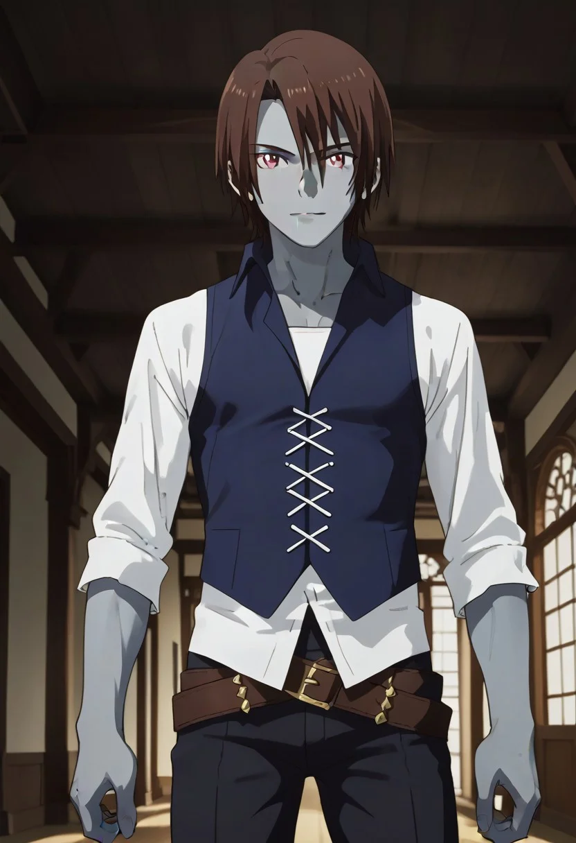 ((masterpiece)), ((best quality)), ((ultra-detailed)), score_9_up, score_8_up, score_7_up, HD, top quality, best quality, High-quality illustrations, anime screencap, source_anime, perfect anatomy, 1boy, 1male, male anime character, anime boy, solo male, male focus, handsome, attractive, cute, sexy, ((lean body, fit body, athletic body)), long legs, tall legs, ((tall, tall body, tall height)), looking at viewer, looking at front, front shot, front view,Rou,brown hair,red eyes,gray skin, blue vest, white long sleeve shirt, exposed forearms, double belts, black pants, barefoot, full body shot, head to feet shot