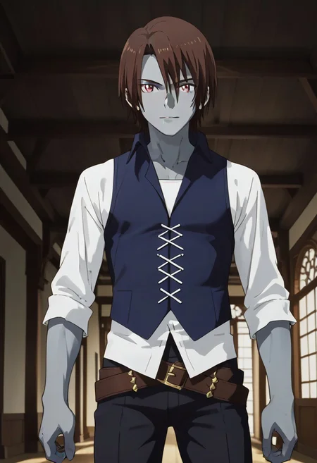 ((masterpiece)), ((best quality)), ((ultra-detailed)), score_9_up, score_8_up, score_7_up, HD, top quality, best quality, High-quality illustrations, anime screencap, source_anime, perfect anatomy, 1boy, 1male, male anime character, anime boy, solo male, male focus, handsome, attractive, cute, sexy, ((lean body, fit body, athletic body)), long legs, tall legs, ((tall, tall body, tall height)), looking at viewer, looking at front, front shot, front view,Rou,brown hair,red eyes,gray skin, blue vest, white long sleeve shirt, exposed forearms, double belts, black pants, barefoot, full body shot, head to feet shot