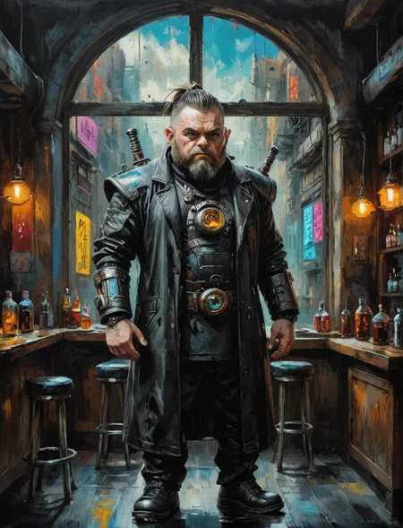 Oil painting of a oil painting of a futuristic dwarf warrior, black shirt, long coat, cyberpunk bar, large window background, hyper realistic, super detailed, Science Fiction, trending on art station, tb, <lora:ThickBrush:0.5> <lora:drkkaw_epoch_10:0.5>
