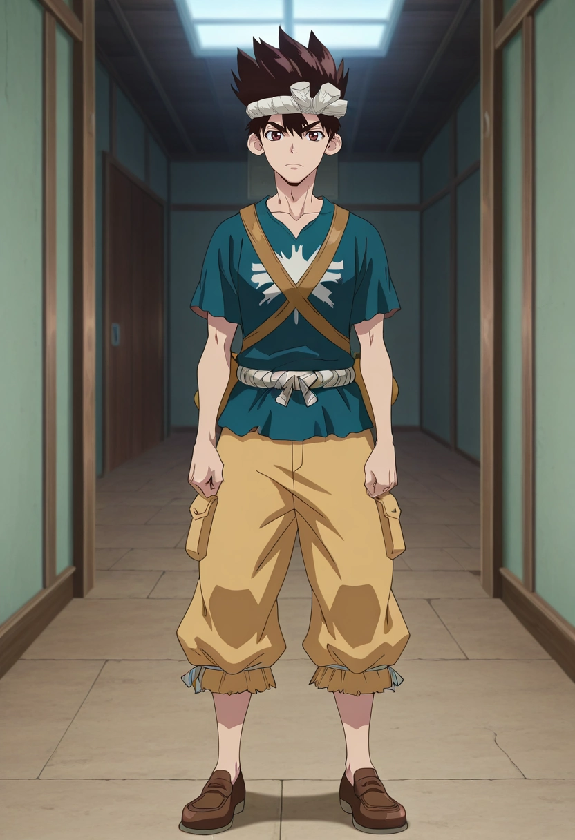 masterpiece, best quality, , anime screencap, anime coloring, official style, looking at viewer, 1boy, solo, male focus, <lora:chrome_dr_stone_ilxl:0.9>, chrome_dr_stone, brown hair, brown eyes, short hair, spiked hair, , , Cargo jogger pants, Baseball shirt, Suede loafers, ,