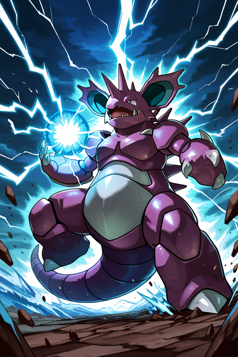 masterpiece, best quality,   Nidoking, solo, no humans, pokemon (creature), single horn, claws, <lora:NidokingPokedexIXL:1.0>,  locked in battle with a massive dragon-like foe, mid-air leap with claws outstretched, lightning illuminating the dark stormy sky, powerful muscles rippling under its armor-like skin, debris flying as the ground craters beneath them, glowing blue energy spiraling around its horn, cinematic angles, epic clash of titans, adrenaline-filled action,