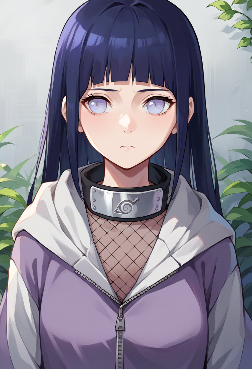 score_9, score_6_up, source_anime, 1girl, upper body, hinata_part2, long hair, two-tone jacket, hood down, konohagakure symbol, forehead protector, fishnets, expressionless <lora:hinataXL:0.9>