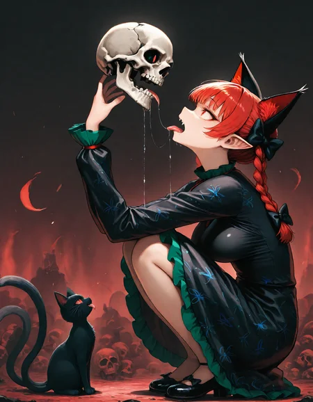 munakata_(sekimizu_kazuki), hamada_yoshikazu,negative space, cinematic shot, masterpiece, highres, absurdres, newest, wide shot, ,slimes_skullwm,made of skulls,kaenbyou_rin, touhou, 1girl, pink_hair, red_eyes, solo,animal_ears ,black_bow, black_dress , braid,breasts, cat_ears , dress,extra_ears, fang ,frilled_dress ,frills, hair_bow ,large_breasts ,long_eyelashes ,long_sleeves ,multiple_hair_bows, pointy_ears ,red_bow , red_hair, slit_pupils, smil,tight_clothes ,tight_dress, twin_braids ,fang, crazy_eyes ,crazy_smile ,holding skull, squatting, tongue, tongue_out , saliva,saliva_drip ,open mouth, from side,
<lora:SlimesSkullWM:1> <lora:ponyv5_noobE11_1_adamW:0.7> <lora:illustrious_noobai_epsilon_pred_11_very_aesthetic_v1:0.7> , <lora:kaenbyou_rin_image6792_2023-12-20:0.6>