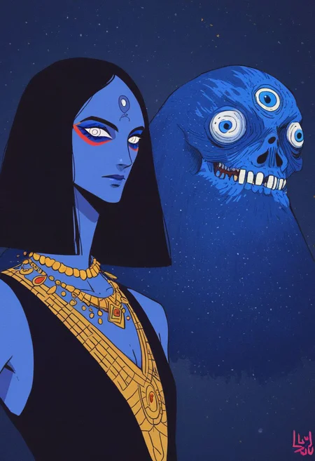 score_9, score_8_up, score_7_up, hindu god dancing in the swirling cosmos, wild dance kicking and flailing, radiating their awesome godlike might, strange man, beautiful full beard, big eyes, dark blue skin, white eyes, golden jewelry, a belt of skulls, a necklace of severed bloody heads,( inhumanly thin:1.1)