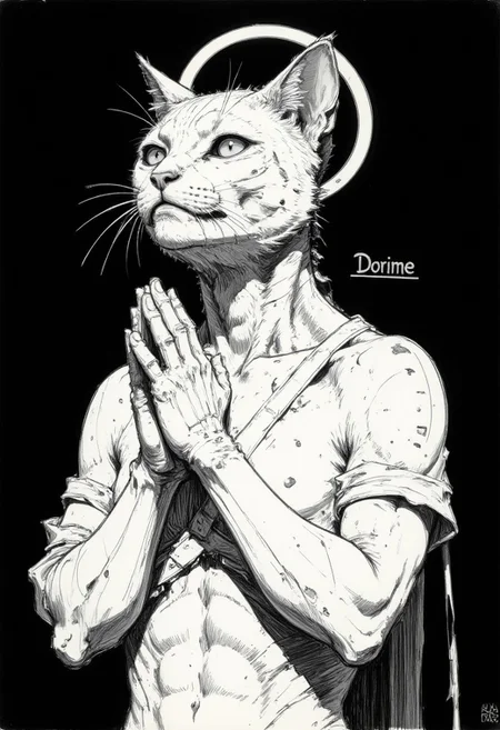 This is a black-and-white, highly detailed rough drawing sketch of a cat with a halo, positioned in a prayerful pose.Text above "Dorime". it wears tattered, white cloth draped over its shoulders. The background is dark, creating a stark contrast that emphasizes the cats structure. The lighting is focused on the cat, highlighting its intricate details. The camera angle is slightly above and to the side, capturing the cat's head and upper torso in profile.