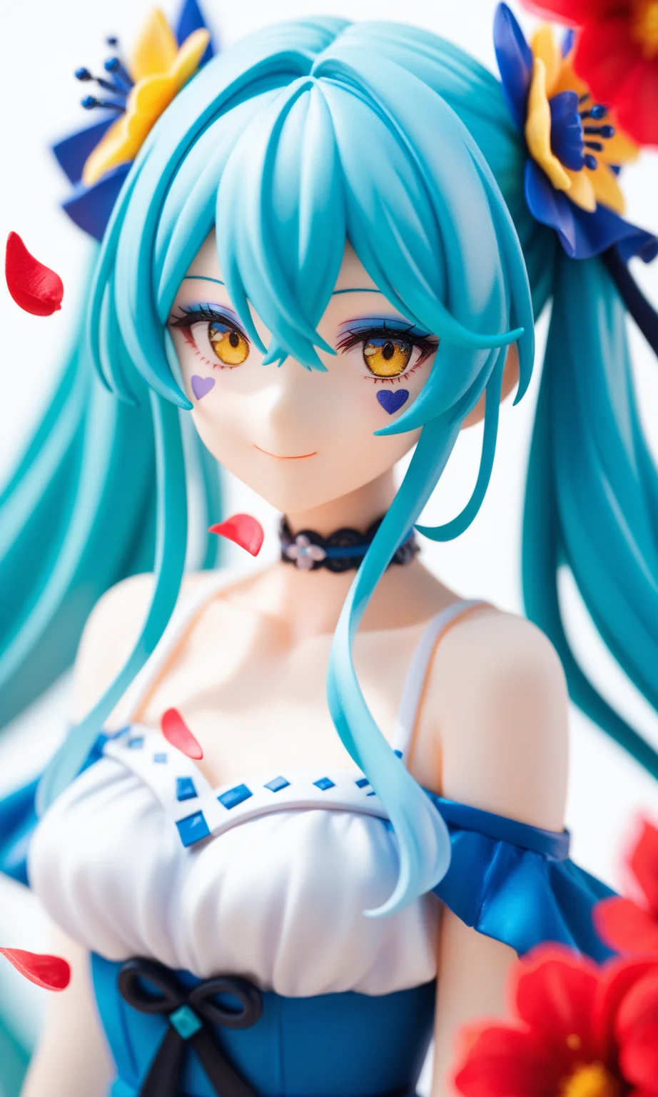 score_9,score_8_up,score_7_up,source_anime,
  1girl, solo, yellow eyes, looking at viewer, bare shoulders, long hair, petals, hair ornament, collarbone, makeup, blue hair, facial mark, closed mouth, multicolored hair, upper body, white background, choker, hair between eyes, aqua hair, smile, eyeshadow, twintails, flower, dress, blurry