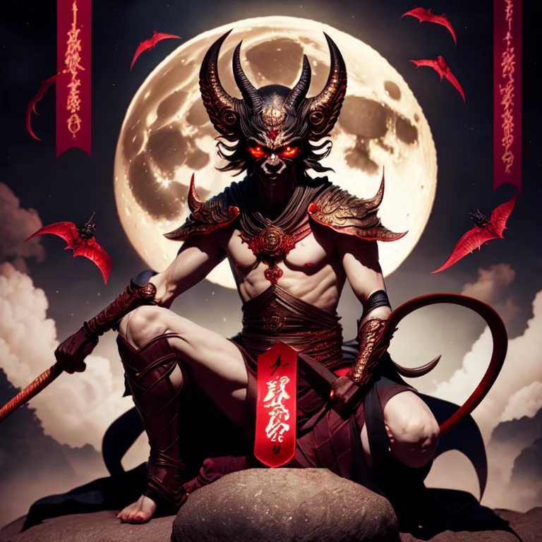 photo, illustration of a demon sitting in front of a full moon (FantasyDaimyo style:1) <lora:djzFantasyDaimyoV21:0.8>