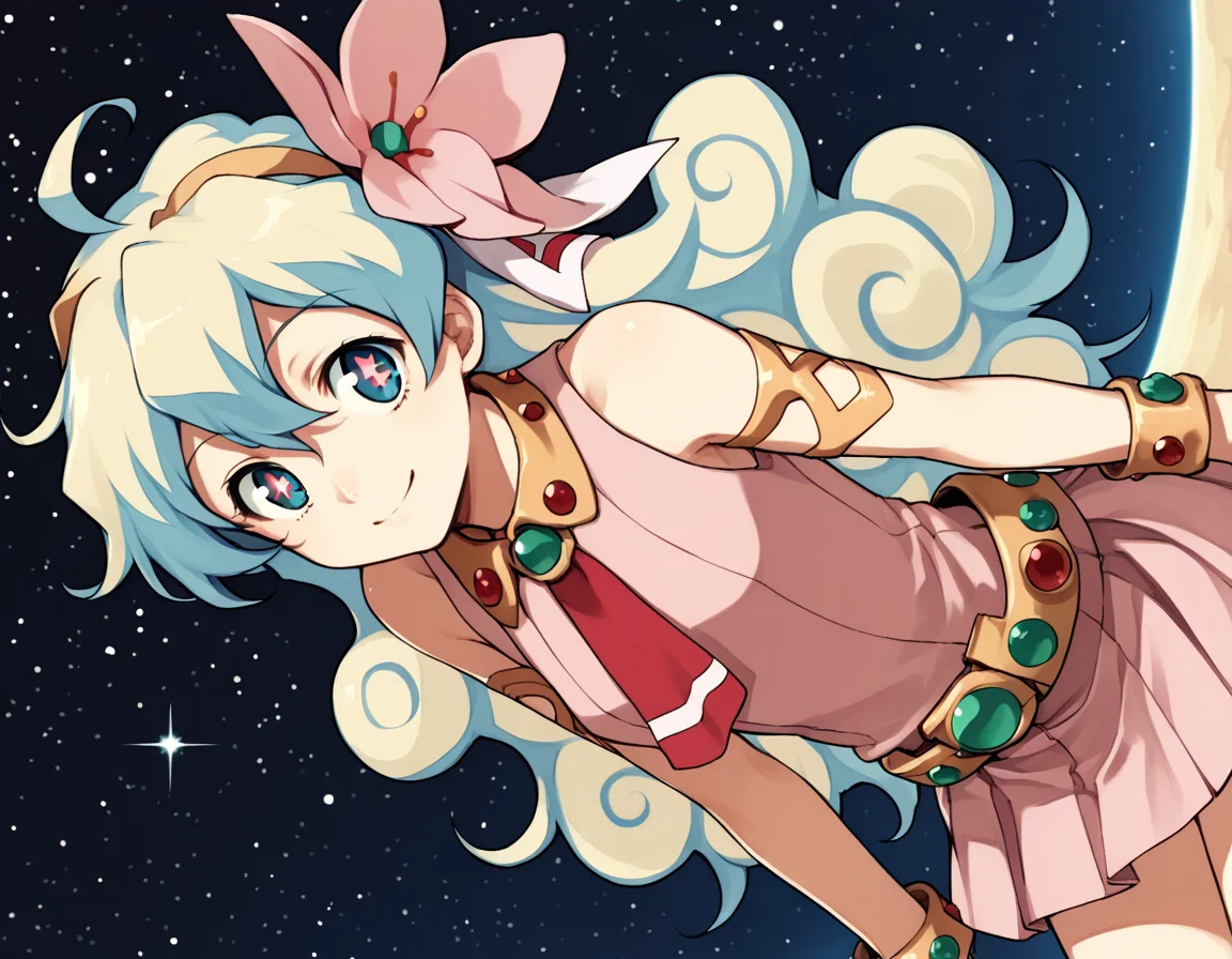 score_9, score_8_up, score_7_up, source_anime,
niateppelin, <lora:nia-teppelin-ponyxl-lora-nochekaiser:1>,
nia teppelin, cross-shaped pupils, hair flower, hair ornament, long hair, multicolored hair, simple background, symbol-shaped pupils, two-tone hair, ahoge, curly hair,
armlet, bracelet, dress, pink skirt, skirt, sleeveless,
outdoors, space, starry sky, moon, bent over, smile,
looking at viewer, solo, cowboy shot, dutch angle,