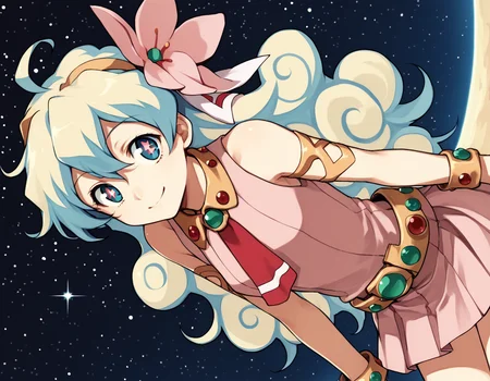 score_9, score_8_up, score_7_up, source_anime,
niateppelin, <lora:nia-teppelin-ponyxl-lora-nochekaiser:1>,
nia teppelin, cross-shaped pupils, hair flower, hair ornament, long hair, multicolored hair, simple background, symbol-shaped pupils, two-tone hair, ahoge, curly hair,
armlet, bracelet, dress, pink skirt, skirt, sleeveless,
outdoors, space, starry sky, moon, bent over, smile,
looking at viewer, solo, cowboy shot, dutch angle,
