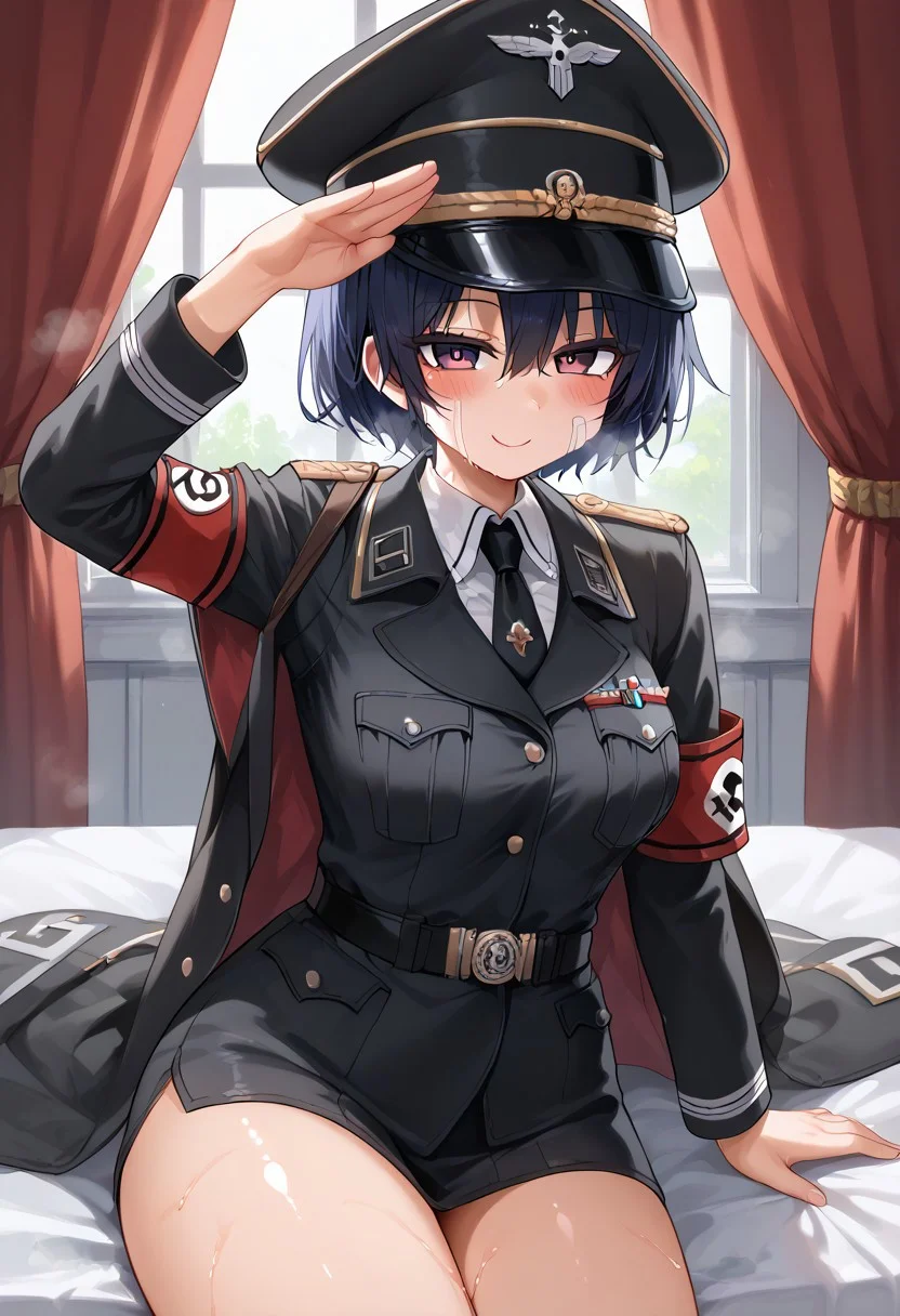 score_9, score_8_up, score_7_up,arekishistyle, leehoon, <lora:warden-ponyxl-lora-nochekaiser_r1:1>, skull hat ornament, uniform, military uniform, black uniform, hat, cap, black cap, armband, collared shirt, black necktie, bedroom, roman salute, thick thighs,Expressiveh, naughty face, half-closed eyes, ,detailed background, steaming body,soft skin,shiny skin,sweaty skin,blushed, masterpiece, best quality, absurdres, extremely detailed