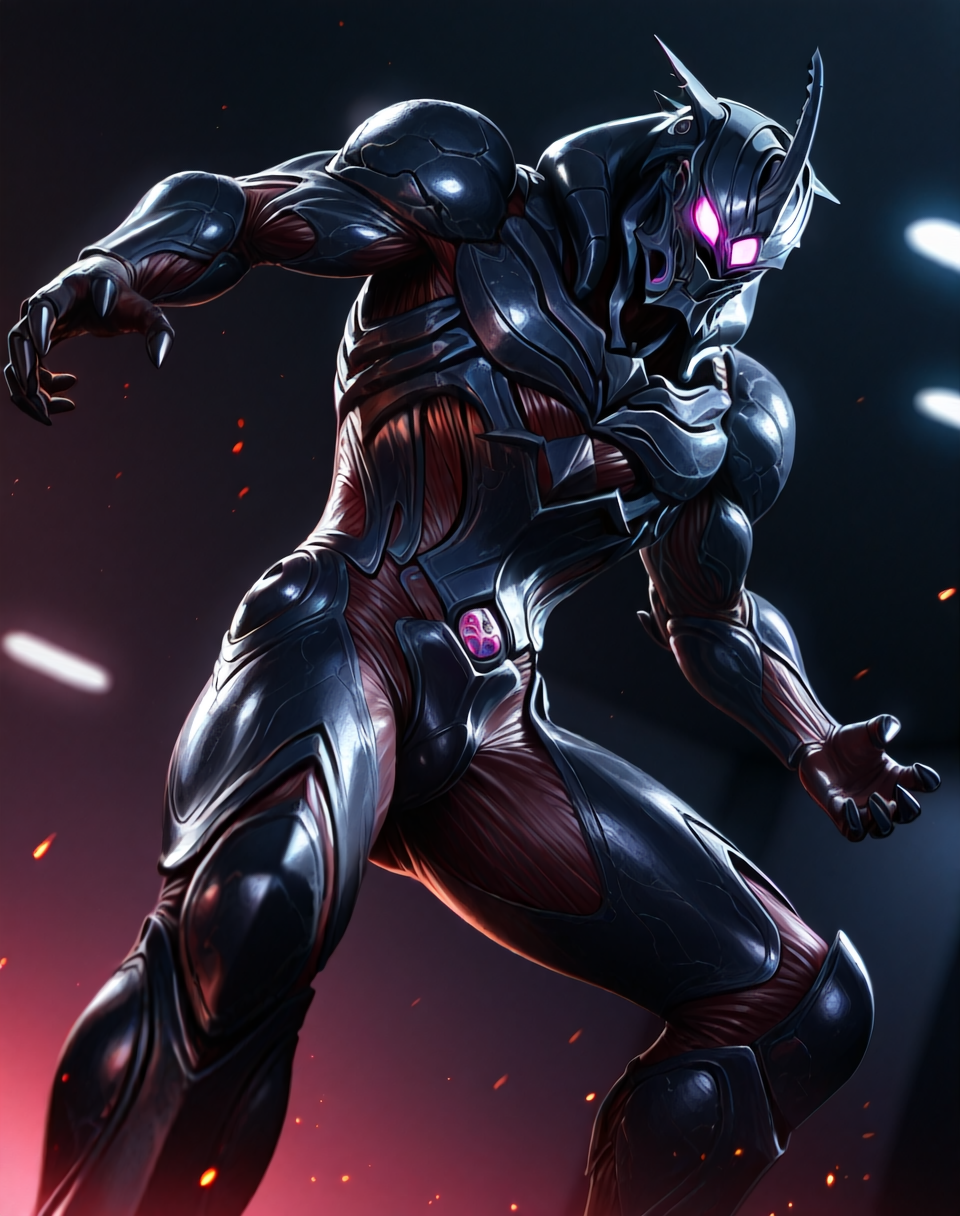 perfect depth of field shot, masterpiece, beautiful, sharp focus, crisp details,
<lora:Dark_Hero_(Guyver)_(Illustrious)_(AD):1> Dark_Hero, Guyver, bioboosted armor, 
((exterior, science fiction, high science fiction, action anime style background, dark spaceship interior, 
dynamic action, dynamic perspective, dutch angle, bent knee, cowboy shot,
male focus, gradient style anime coloring, strong, fighting scene, solo, ):1.5), 
EZRealPONYXL, zPDXL, Smooth Quality, lazynsfw,