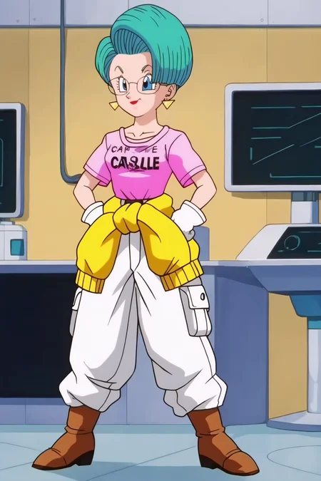 source_anime, score_9, score_8_up, score_7_up, anime screencap,8k, absurd res,
bulma, 1girl, solo, smile, short hair, blue eyes, indoors, collarbone, clenched hands, laboratory, standing, full body, stud earrings, glasses, brown footwear, white gloves, character name, aqua hair, clothes writing, pink shirt, hands on hips, sweater around waist, white pants, two tone boots, raised eyebrows, red lips, lipstick, short sleeves, baggy bottomwear, print shirt
<lora:bulmaGT_pony_v1:0.8>