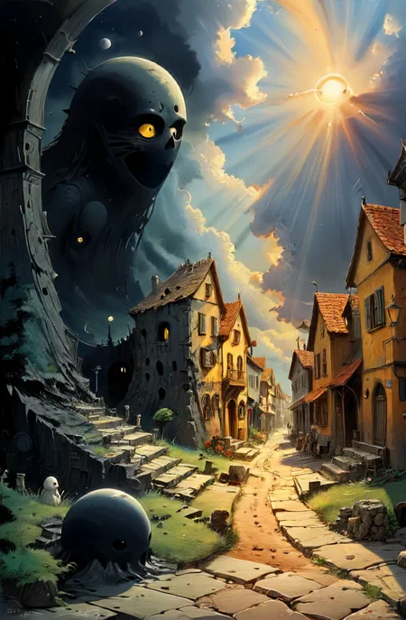 studio ghibli, infuriating puzzle, darkest small necropolis night of the envy sitting hiding tiny dead wast (landscape:1.1), moon, eclipse, fog, BREAK lovely day of the happy living thriving busy (village:1.1) city, sun, god-rays, highly detailed, landscape, panorama, wide-angle, moody, atmospheric, masterpiece, high resolution, hdr, 8k, composition, shadows, clouds, (complex:1.2), (intricate:1.1), <lora:- SDXL - vanta-black_contrast_V3.0:0.7>, <lora:- SDXL - otclillsn_impossible_geo_V1.0:0.7>, <lora:dfantasy:0.8>, <lora:The_Simplest:0.8>, <lora:DonMP41n717Bl4ckXL:0.4>, <lora:SDXL - Style - EldritchRomanceIllustration1.3.1:0.4>, <lora:artfullyECHELIER_SDXL_V1:0.4>