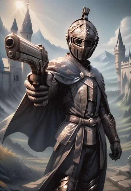 score_9, score_8_up, score_7_up, detailed, high resolution,
solo, 1girl, NeedleKnightLeda, covered face, full armor, helmet, cape, gauntlets, breastplate, knight, black pants
action pose, right pistol, holding, gun, aiming,
outdoors, castle, sunlight, mountains, blurry background,
three quarter view, best quality,
Expressiveh, zPDXL2,