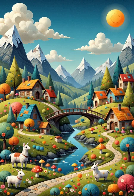 A vivid, detailed illustration of a whimsical, colorful landscape where everything is (made from patchwork fabric). The scene is dominated by a central, flowing river with a wooden bridge crossing it. The river is surrounded by lush, green, rolling hills, dotted with small, cozy houses with thatched roofs in shades of blue, orange, and yellow. The houses are intricately detailed with windows, doors, and chimneys. Surrounding the houses are tall, colorful trees with round, fluffy tops. Creating a surreal, fairytale-like atmosphere. The sky is a deep blue, contrasting with the vibrant colors of the landscape. In the background, towering, snow capped mountains with fluffy clouds and a bright sun peeking from behind them add depth and a sense of scale to the scene. The foreground is filled with various small, knitted items such as alpacas, sheep, and mushrooms, all in bright, primary colors, adding to the whimsical and playful nature of the illustration. The textures are soft and fuzzy, with a hand-knit patchwork appearance, enhancing the cozy, handmade feel of the entire scene. The overall style is a blend of fantasy and folk art, creating a charming and enchanting world. ptchwrk