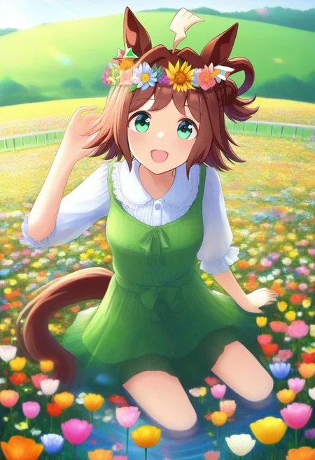 (umamusume, rhein_kraft_(umamusume), horse_ears, horse_girl, tail, 1girl, ahoge, animal_ears,)
casual, field, flower, flower_field, green_eyes, hair_between_eyes, hair_ornament,
head_wreath, looking_at_viewer, solo, aesthetic, absurdres, symmetric ,spiralling vortex made of multicoloured tulips, lush foliage sunrise, ripples, reflective, jaynl-tm, rainbow, , g0ldsw0rthy,
(realistic, photo, artistic, medium_hair, one_eye_closed, petals, relaxing, smile, : 0.7)