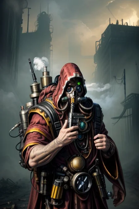 ((masterpiece,best quality)), absurdres, BREAK
mechanical arms, robes, hood, BREAK
((techpriest)), cyborg, mechanical face, mechanical limbs, gas mask, mechanical tentacles, (mechanical backpack), BREAK
1other, solo, holding pistol, firearm, handgun, pistol, gun, BREAK
factory background, smoggy sky, air pollution, smokestacks, BREAK
(internet horror face)