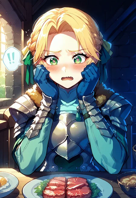 masterpiece,best quality,score_9,score_8_up,score_7_up,score_6_up, source_anime, 1girl,BREAK <lora:ingrid-pdxl-nvwls-v1-000007:0.9> waringrid, short hair, hair ribbons,(anguish,blush,open mouth,open mouth wide,wavy mouth,looking at object),(sparkling eyes,spoken exclamation mark:0.8),(shoulder armor, armor, breastplate, underbust, green coat, fur trim, vambraces, blue gloves, green cape ),(pov,upper body,pov across table,pov dating),(sitting on chair,hands on own face,hands on own cheek),(CONCEPT_PovDating_ownwaifu),(indoor,1long table,dishes,chair,medieval, Medieval tavern),(food focus,meat dishes)
