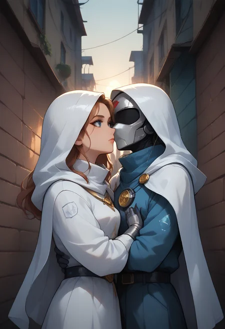 hidden face, mysterious character draped in a tattered white cloak with a hood, standing upright, holding a sliver sword with one hand on the hilt and positioned in front of him, nobility and secrecy, with armor gear visible around the waist. background is dark snowy alley, enigmatic aura of the character. The style is ethereal and artistic, soft lighting and shadows, cinematic warm lighting, mystery, white cloak should have a soft texture, sword should have a shiny metallic sheen. <lora:mommyfy_V2:1>
