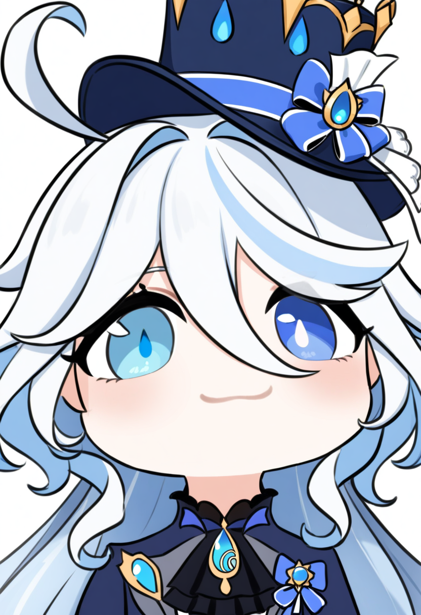 <lora:datou_v1:1>,datou, furina (genshin impact), 1girl, solo, blue eyes, hat, heterochromia, looking at viewer, white hair, top hat, multicolored hair, :3, portrait, blue headwear, hair between eyes, smile, blue hair, chibi, closed mouth, close-up, ahoge, mismatched pupils, drop-shaped pupils