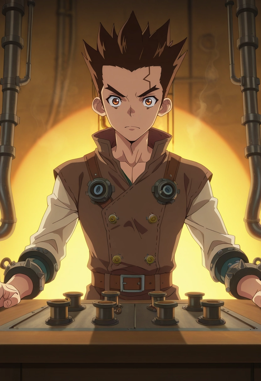 masterpiece, best quality, intricate details, anime screencap, anime coloring, official style, looking at viewer, 1boy, solo, male focus, <lora:taiju_ooki_ilxl:0.94>, taiju_ooki, brown hair, brown eyes, short hair, spiked hair, steampunk lab, brass machines, steam pipes, work tables, experimenting pose, concentrated expression, warm lighting,