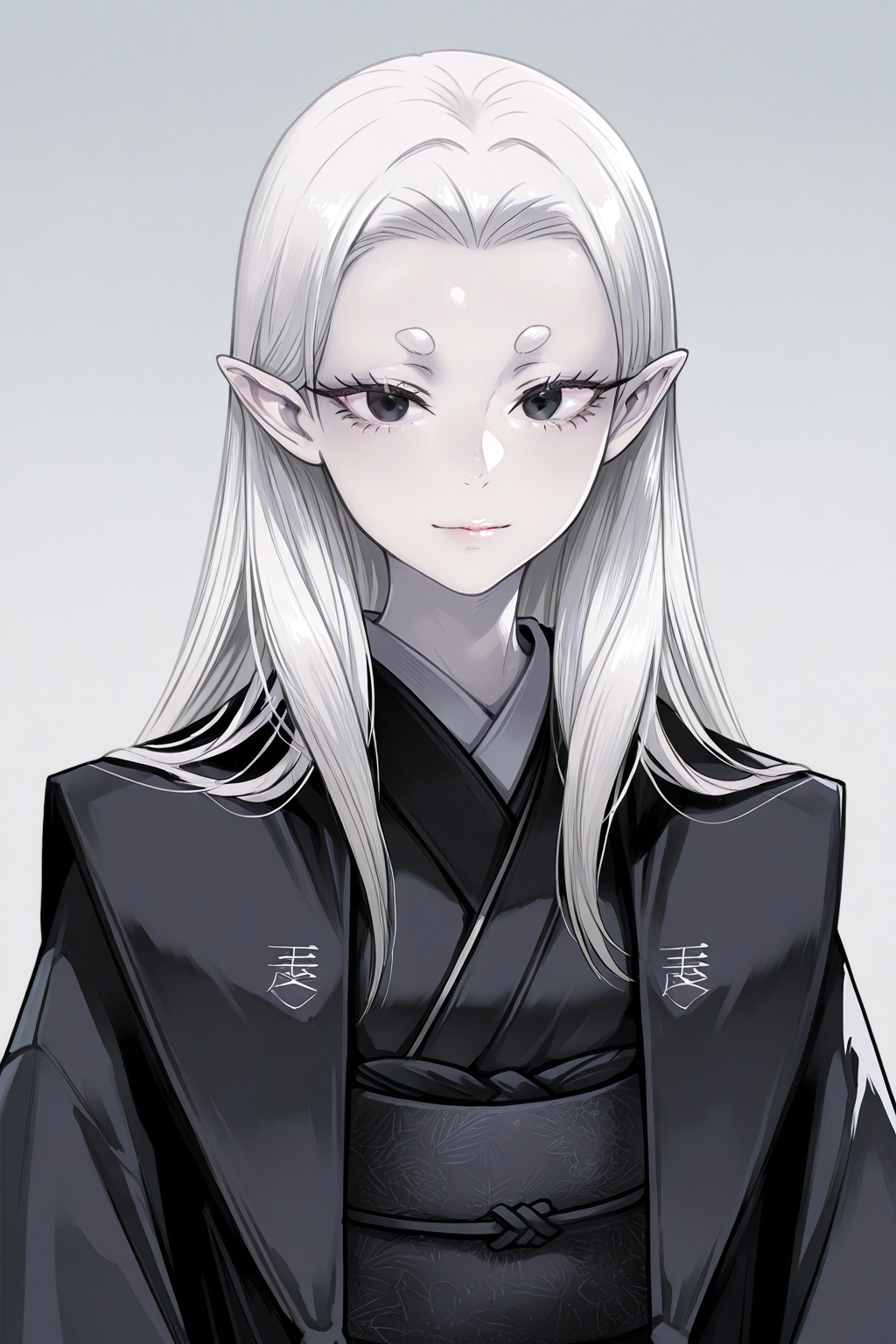 1girl,
CureNinjaSlayer, 
general, solo, upper body,
long hair, white hair, short eyebrows, black eyes, eyelashes,
pale skin, lips, 
black kimono, frills, obi, 
looking at viewer, light smile,  
grey theme, japan, luxuriou room,
<lora:kp_CureNinjaSlayerIllustrious_v1_0:1.0>,
masterpiece, best quality, amazing quality