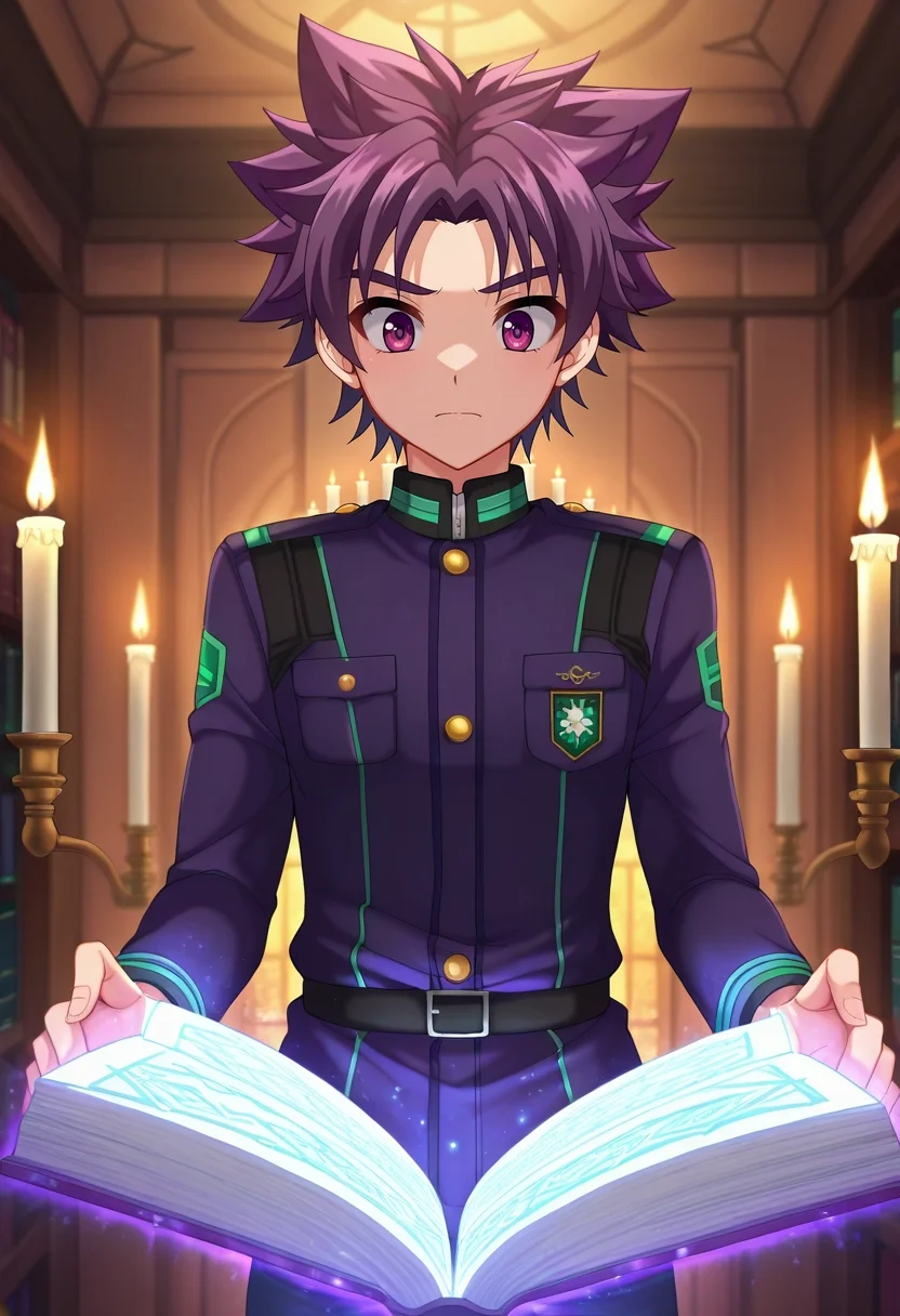 masterpiece, best quality, intricate details, anime screencap, , , , , 1boy, solo, male focus, <lora:yoichi_yukimura_ilxl:0.96>, yoichi_yukimura, purple hair, purple eyes, short hair, spiked hair, uniform, magic library, floating books, spell circles, study areas, researching pose, focused expression, candlelight,