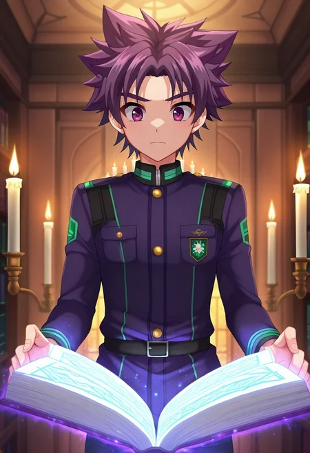 masterpiece, best quality, intricate details, anime screencap, , , , , 1boy, solo, male focus, <lora:yoichi_yukimura_ilxl:0.96>, yoichi_yukimura, purple hair, purple eyes, short hair, spiked hair, uniform, magic library, floating books, spell circles, study areas, researching pose, focused expression, candlelight,