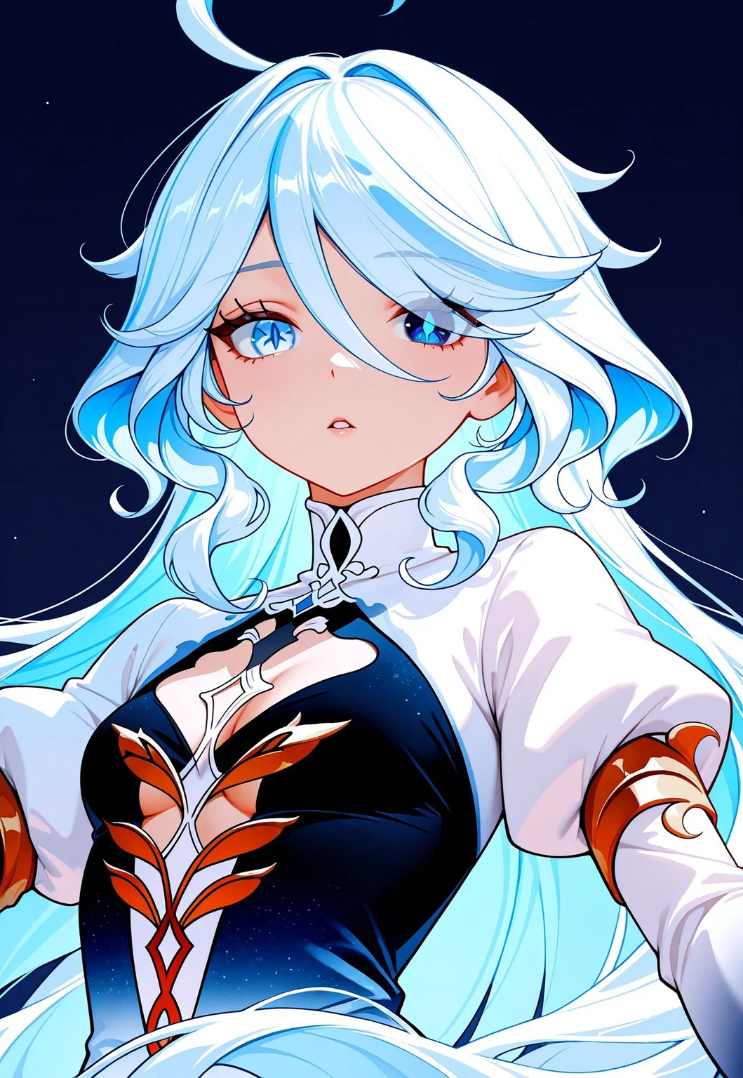 masterpiece, best quality, absurdres, very aesthetic, D3ND3N, focalors \(genshin impact\), 1girl, blue background, blue eyes, blue hair, breasts, cleavage cutout, clothing cutout, colored inner hair, cowlick, dress, drop-shaped pupils, gradient clothes, gradient dress, heterochromia, juliet sleeves, light blue hair, long hair, long sleeves, looking at viewer, multicolored hair, outstretched arms, parted lips, puffy sleeves, small breasts, solo, symbol-shaped pupils, two-tone dress, upper body, wavy hair, white hair, white sleeves