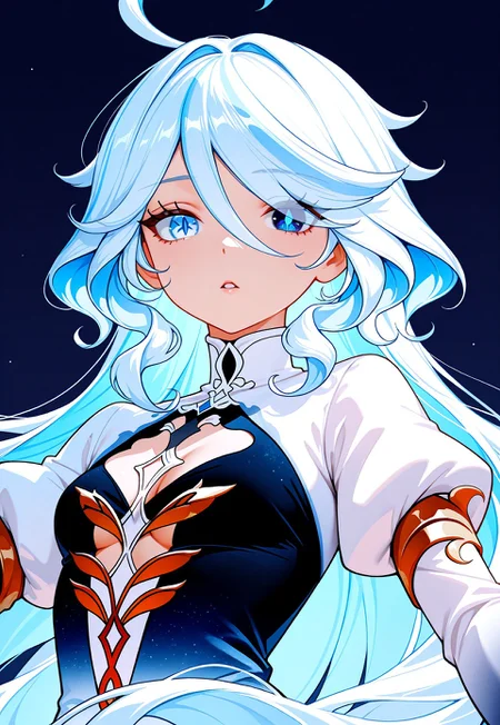 masterpiece, best quality, absurdres, very aesthetic, D3ND3N, focalors \(genshin impact\), 1girl, blue background, blue eyes, blue hair, breasts, cleavage cutout, clothing cutout, colored inner hair, cowlick, dress, drop-shaped pupils, gradient clothes, gradient dress, heterochromia, juliet sleeves, light blue hair, long hair, long sleeves, looking at viewer, multicolored hair, outstretched arms, parted lips, puffy sleeves, small breasts, solo, symbol-shaped pupils, two-tone dress, upper body, wavy hair, white hair, white sleeves