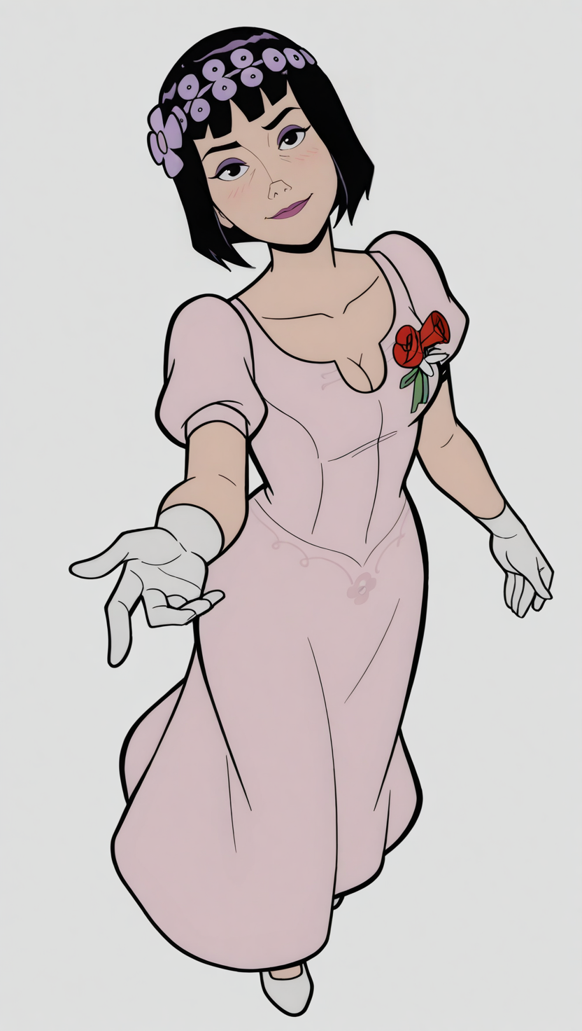  absurdres, masterpiece, best quality, 8k,full body, standing, looking at viewer,  grey background, triana, 1girl, solo, black hair, short hair, bob cut, black eyes, purple eyeshadow, prom outfit, pink dress, white gloves, flower crown, boutonniere,white footwear, cleavage,light blush, small smile, looking to the side, head tilt, dutch angle, facing viewer, fit to frame, cute pose, from above, reaching towards viewer, 