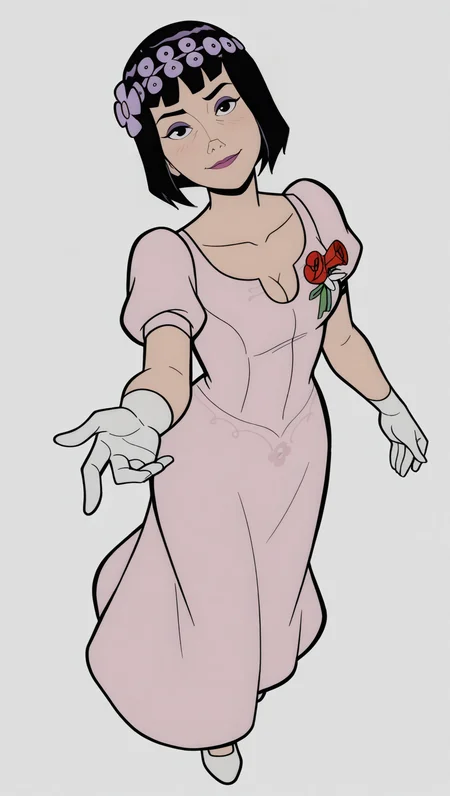  absurdres, masterpiece, best quality, 8k,full body, standing, looking at viewer,  grey background, triana, 1girl, solo, black hair, short hair, bob cut, black eyes, purple eyeshadow, prom outfit, pink dress, white gloves, flower crown, boutonniere,white footwear, cleavage,light blush, small smile, looking to the side, head tilt, dutch angle, facing viewer, fit to frame, cute pose, from above, reaching towards viewer, 