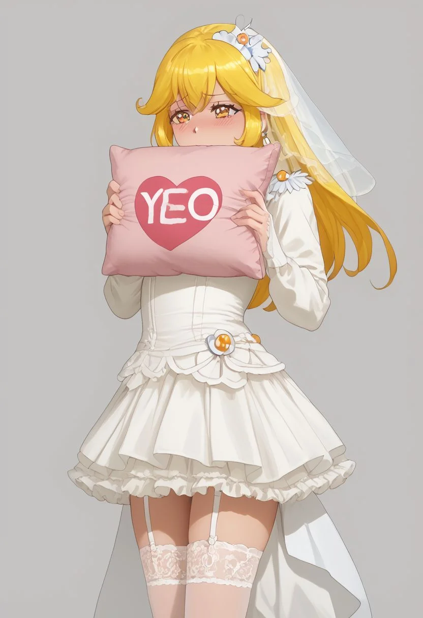 rating_all, score_10, score_8_up, score_7_up, best quality, masterpiece, shiny skin,
<lora:curepeace.pony:1>,
curepeace, yellow hair, from below,looking at view,ruanyi0634, bridal veil,choker,garter belt,hair flower, yellow lace gloves, yellow lace-trimmed legwear,see-through,long sleeves,, Seen from the side,blush, embarrassed ,
yes-pillow, yes-no pillow heart, pink pillow, pillow<lora:yes-no_pillow:1>