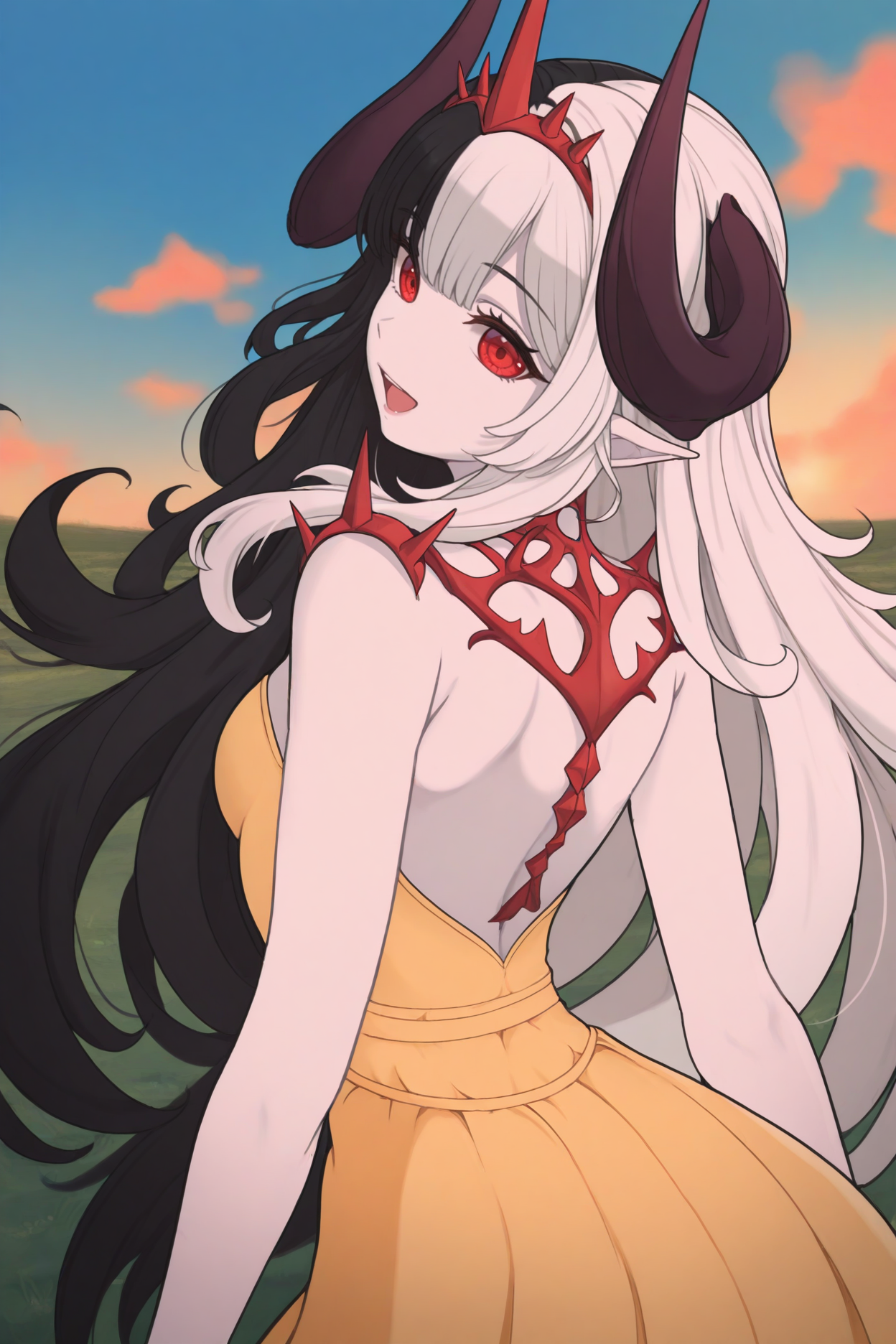 masterpiece, best quality, 1girl, solo, <lora:sdshel-illu-nvwls-v1-000006:1> sdshel, demon horns, black hair, white hair, multicolored hair, very long hair, red eyes, pointy ears, pale skin, red tiara, yellow sundress, from behind, happy, open mouth, blue sky, sunset, looking back, looking at viewer, field