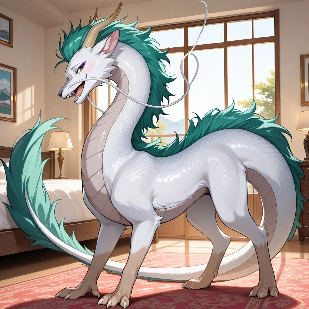 1boy, highres, absurdres, newest, masterpiece, best quality, furry, furry_male, haku_sa, eastern dragon, white fur, white underbelly, green mane, horns, tail, claws, long white whisker, green eyes, (feral, quadruped:1.1), detailed eyes, standing, open_mouth, open mouth smile, luxurious detailed room, bright room, day scene, professional lighting, solo, bedroom, smiling, seductive, looking_at_viewer, masterpiece, close up, safe