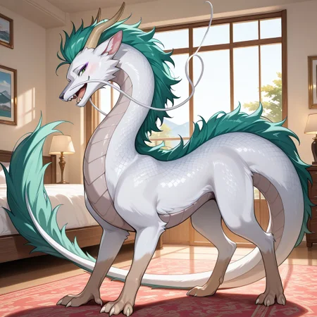 1boy, highres, absurdres, newest, masterpiece, best quality, furry, furry_male, haku_sa, eastern dragon, white fur, white underbelly, green mane, horns, tail, claws, long white whisker, green eyes, (feral, quadruped:1.1), detailed eyes, standing, open_mouth, open mouth smile, luxurious detailed room, bright room, day scene, professional lighting, solo, bedroom, smiling, seductive, looking_at_viewer, masterpiece, close up, safe